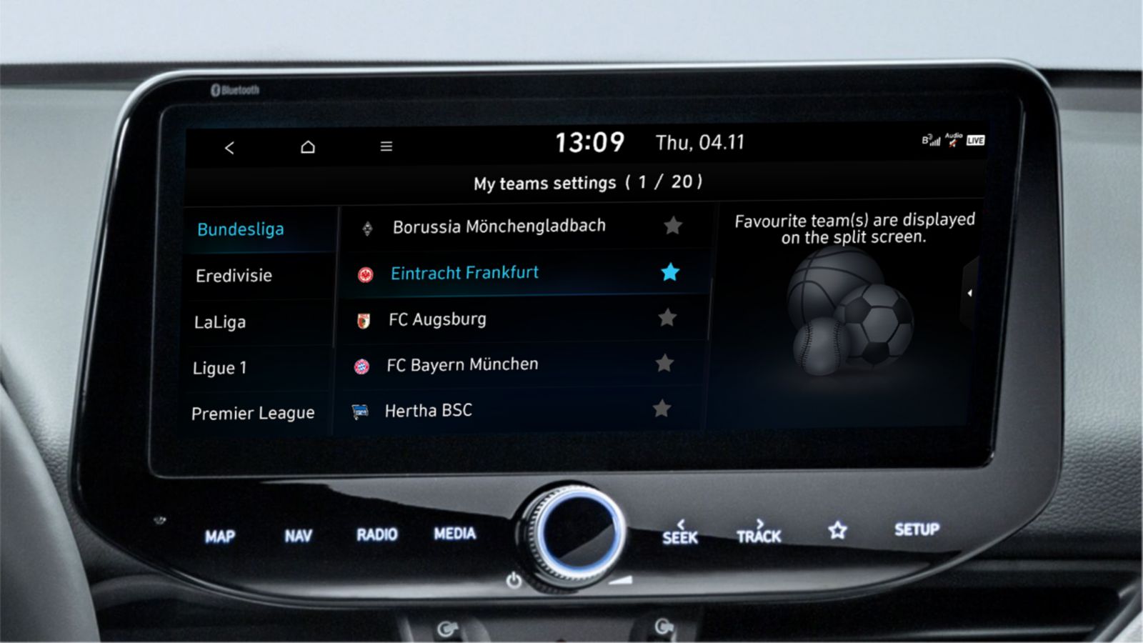 A Hyundai centre touch screen displaying the My teams setting, where you can select up to 20 of favourite teams.