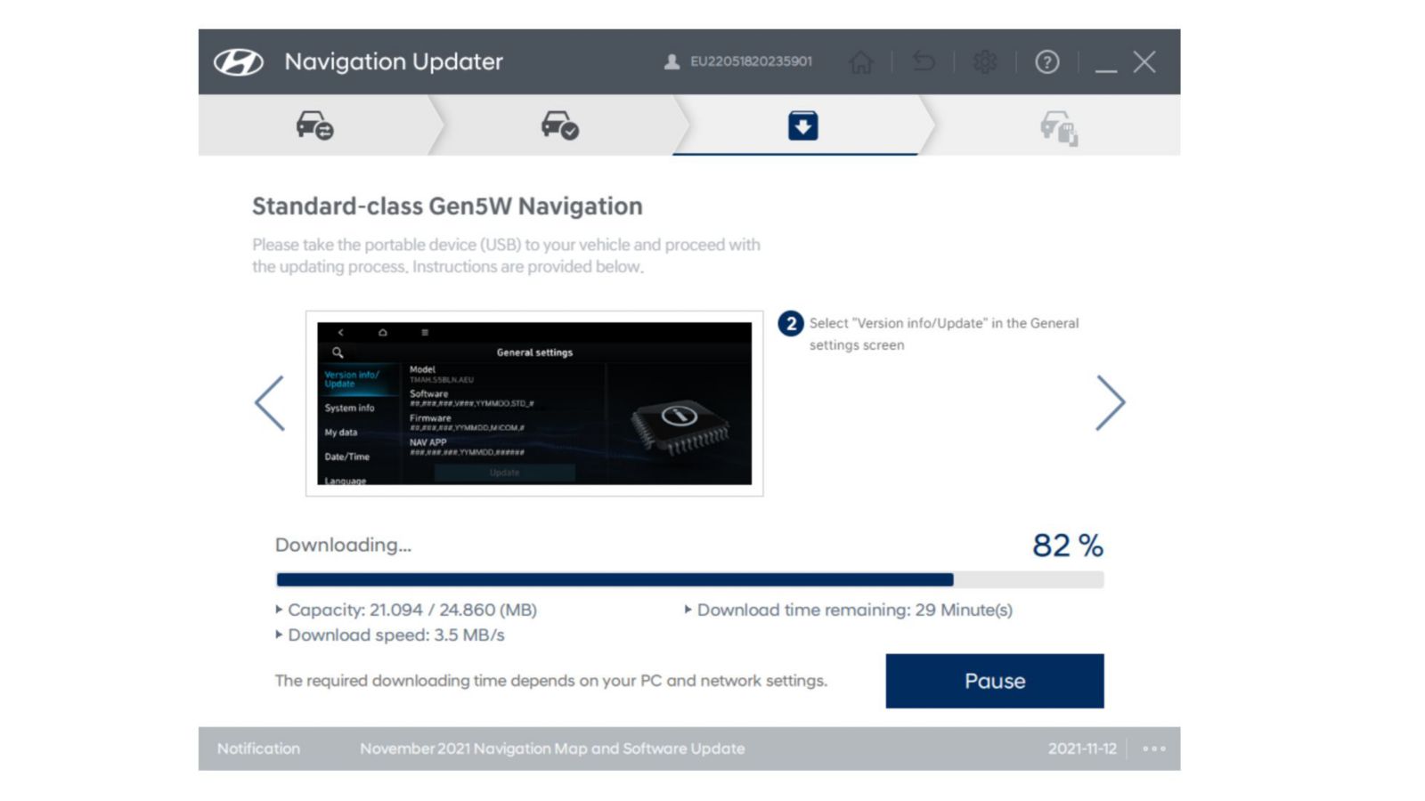 Screenshot showing step 3 of the software download process at the Hyundai Navigation Update Portal.
